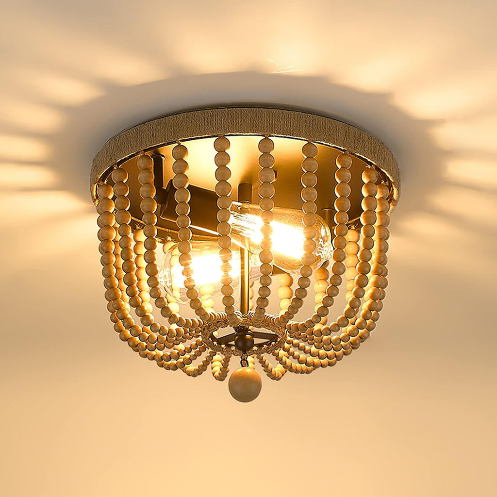 12.3 Boho Flush Mount Ceiling Light, 2-Light Wood Beaded Chandelier with Hemp Rope and White Finish D41124