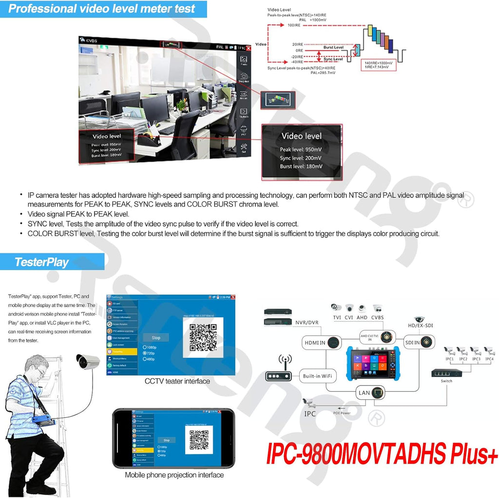 7-inch IPS Touch Screen CCTV Tester with HD-TVI HD-CVI AHD SDI IP Camera Support POE WIFI 4K H.265 HDMI Z50247