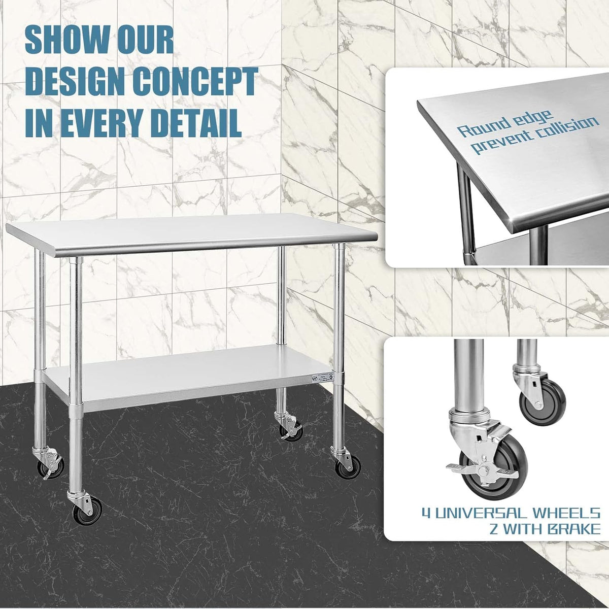 Stainless Steel Table 24 x 48 Inches with Caster Wheels and Undershelf O15654