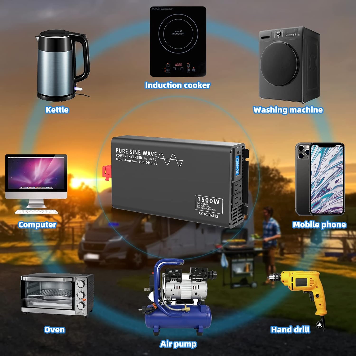 1500W Pure Sine Wave Power Inverter DC 24V to AC 110V-130V with LCD Display and Wireless Remote Control N78308