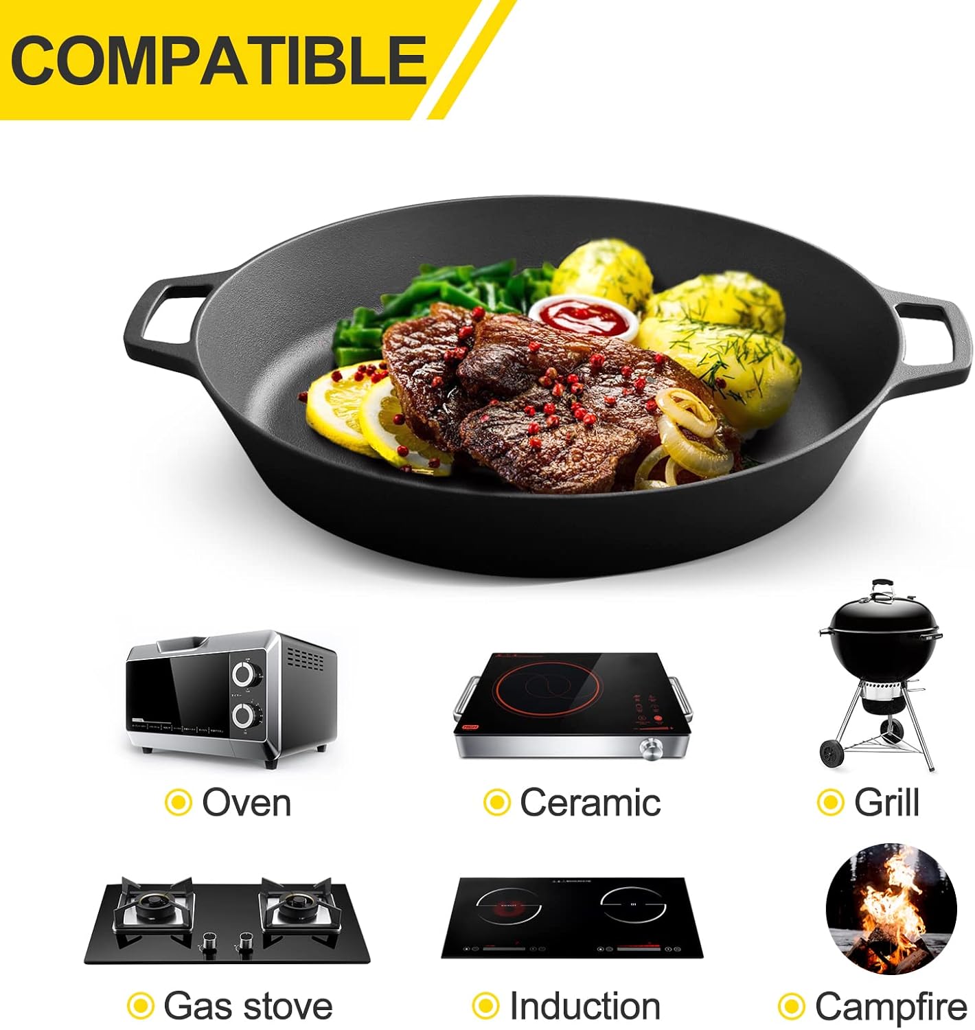 Pre-Seasoned Cast Iron 15 Dual Handle Frying Pan F8976