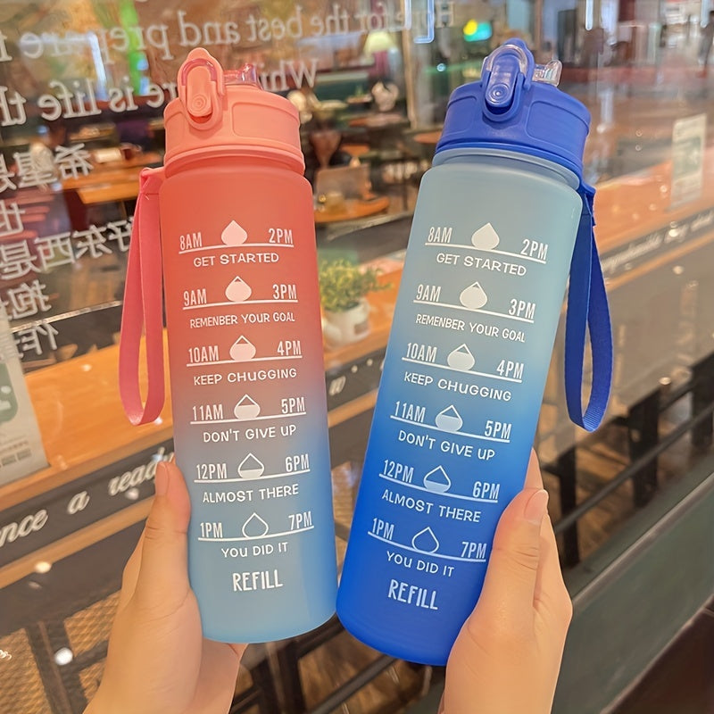 32oz Motivational Water Bottle With Straw & Time Marker, With Carrying Strap F881