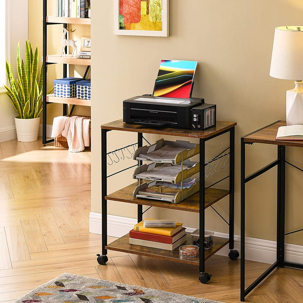 3-Tier Kitchen Utility Storage Shelf with Rolling Wheels, 10 Hooks, Brown F91160