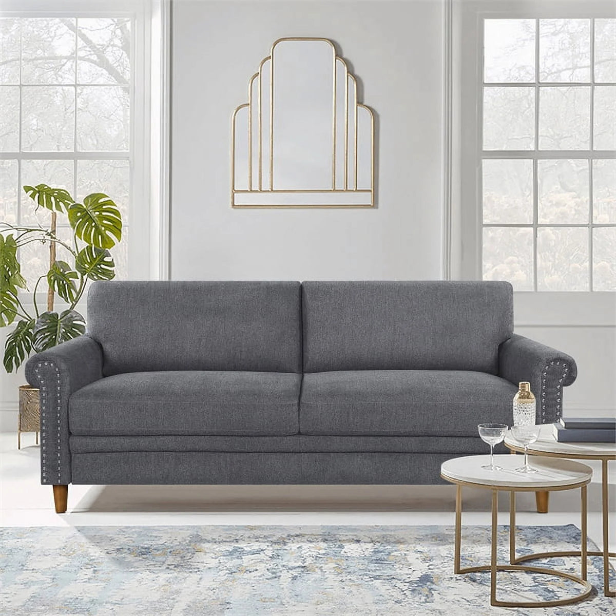 Dark Gray Fabric Upholstered Sofa with Roll Arms O1548