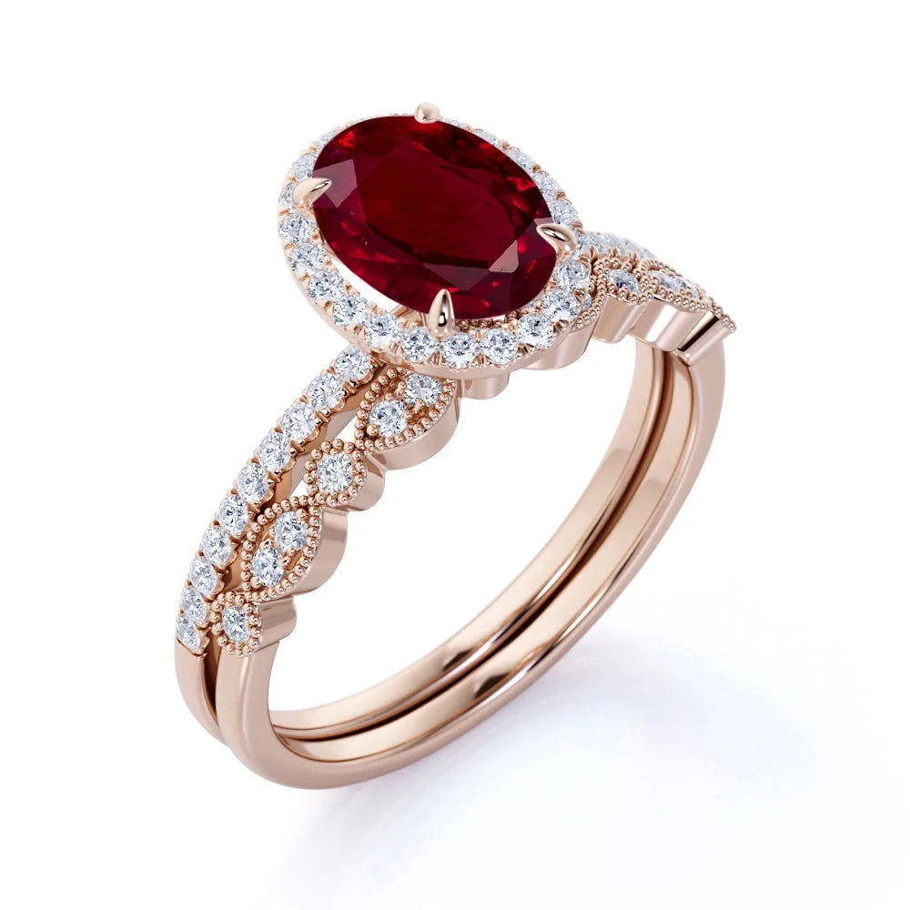 18k Rose Gold over Silver Oval Ruby Bridal Ring Set O123384