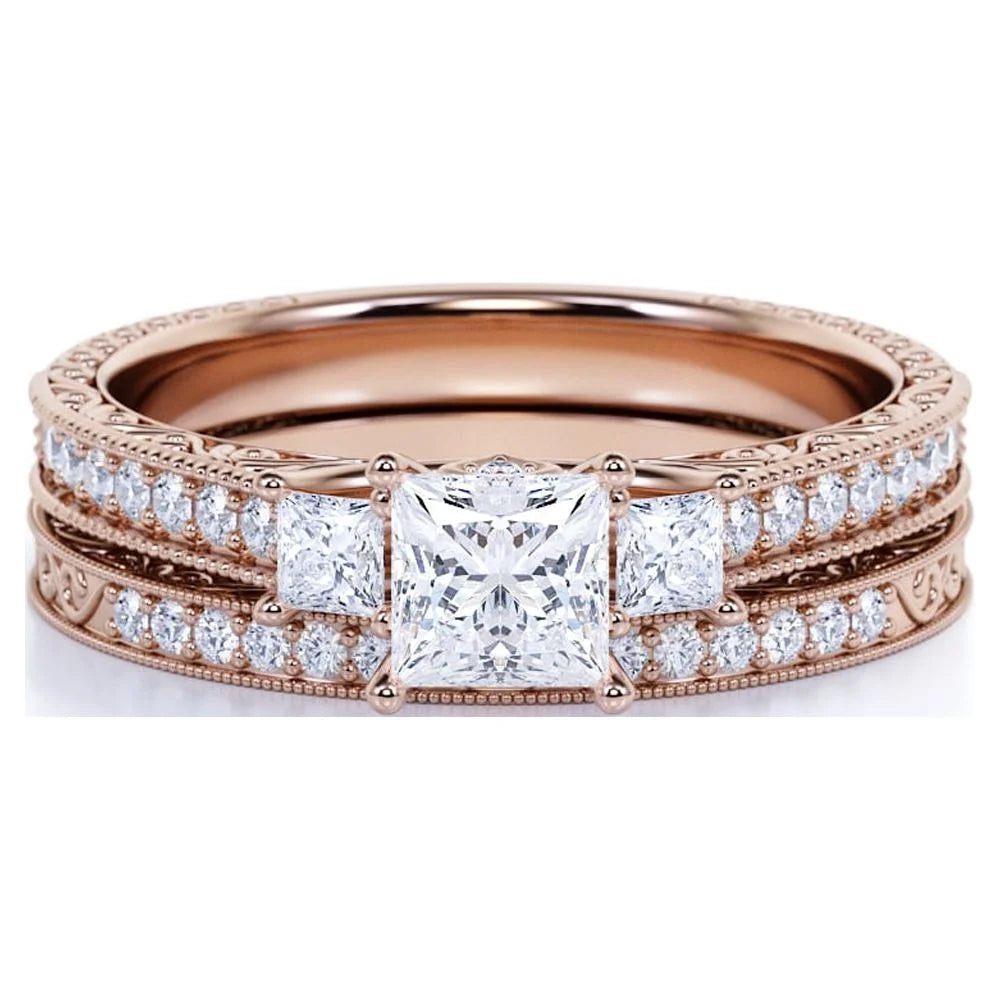 18K Rose Gold over Silver Three Stone Ring Set H47200