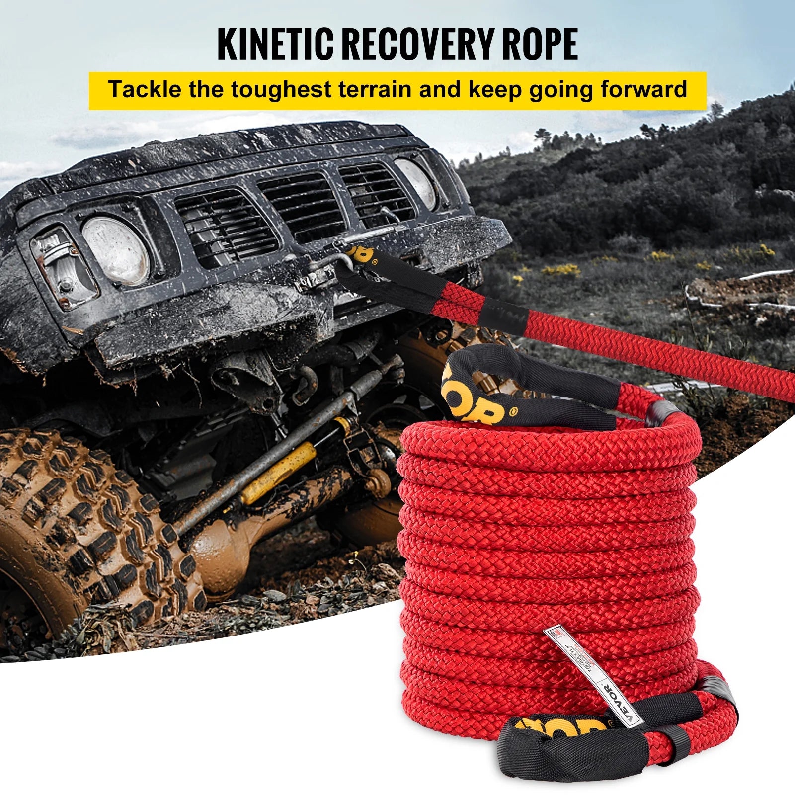 Recovery Tow Rope, 29,300 lbs, Heavy Duty Nylon Double Braided Kinetic Energy Rope with Loops and Protective Sleeves, Red A422655
