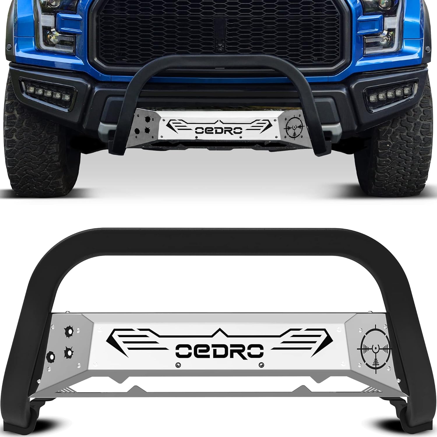 Chrome and Black Truck Brush Push Bumper Guard with Skid Plate Light Mount Y187