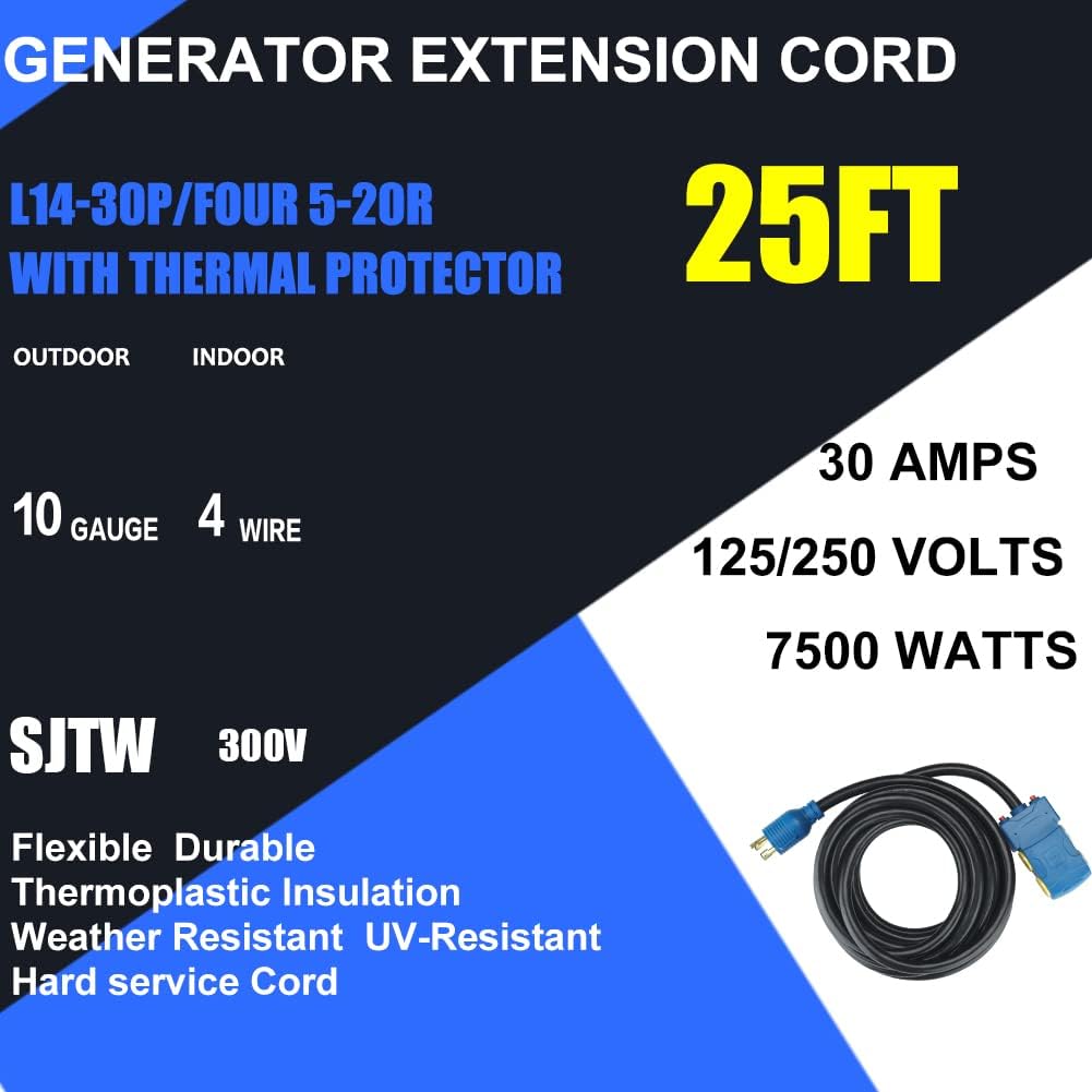 25 Feet 30 Amp 10 Gauge 4 Prong Generator Extension Cord 125/250V 7500W Pack of 2 E807