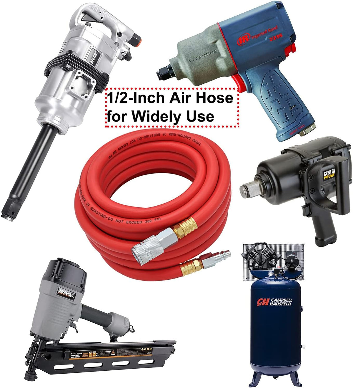 Hybrid Air Hose 1/2-Inch I.D. by 25-Feet Long Solid Brass Fitting 300 PSI with 3/8" and 1/4" Industrial Quick Coupler Connectors, Red Pack of 2 L27317