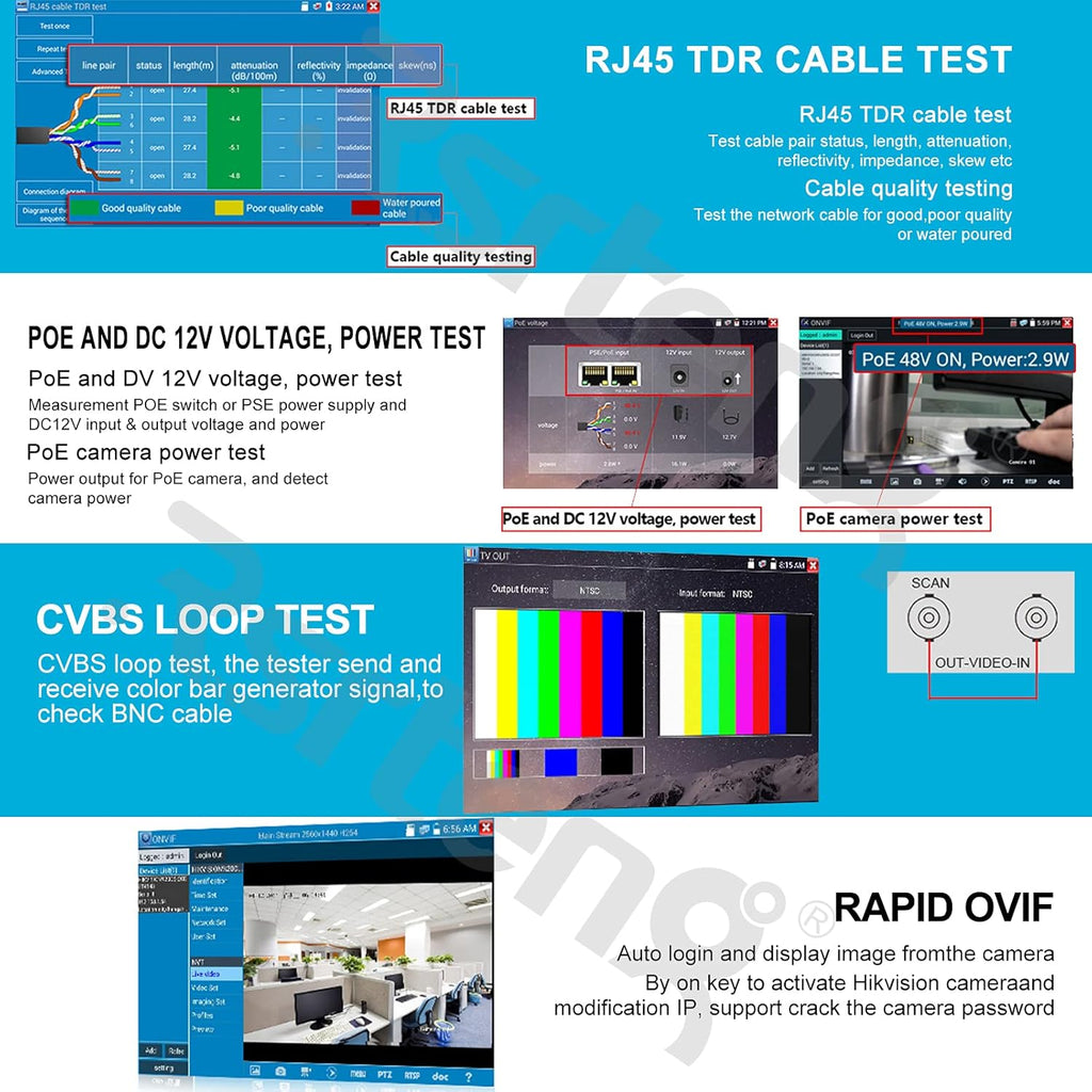 7-inch IPS Touch Screen CCTV Tester with HD-TVI HD-CVI AHD SDI IP Camera Support POE WIFI 4K H.265 HDMI Z50247
