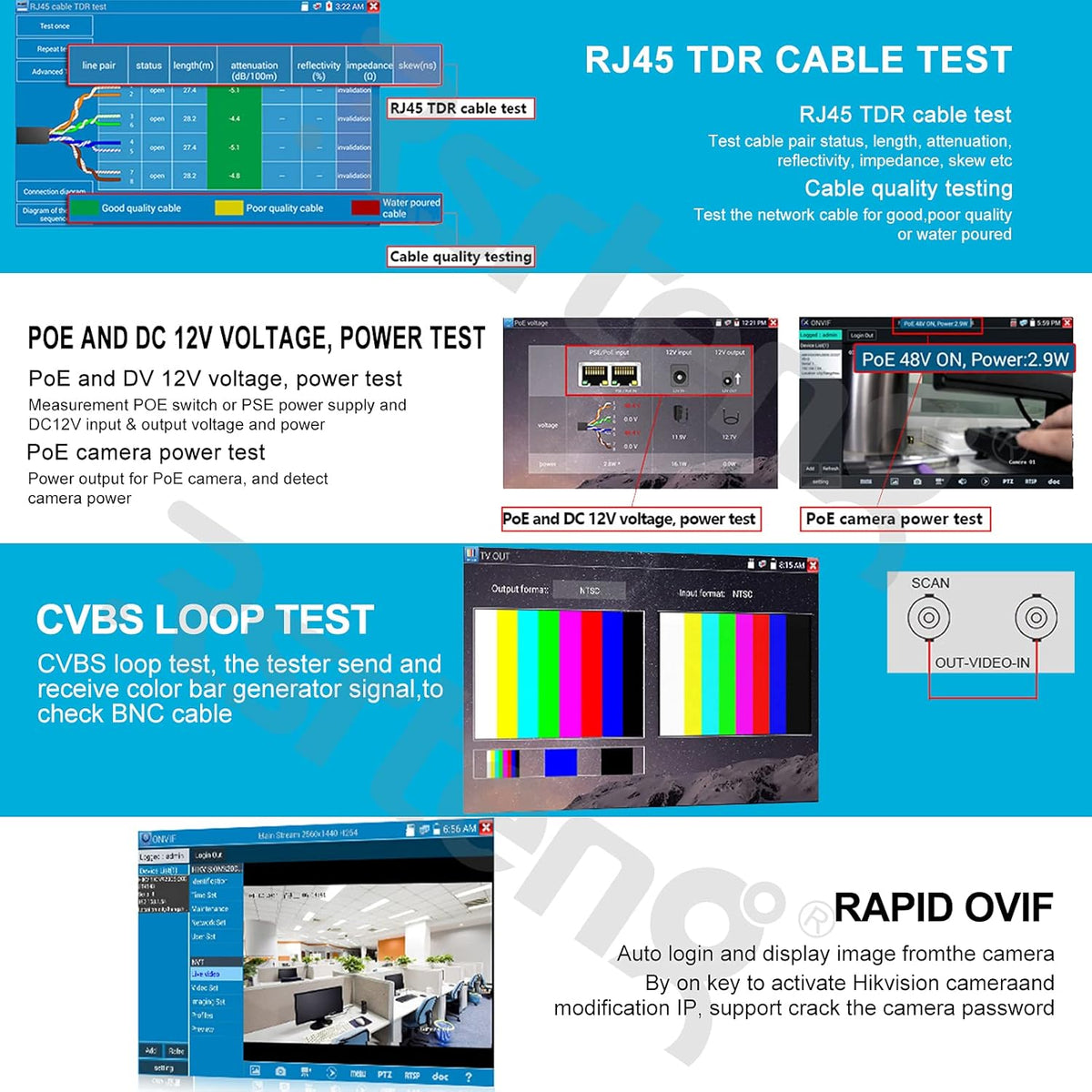 7-inch IPS Touch Screen CCTV Tester with HD-TVI HD-CVI AHD SDI IP Camera Support POE WIFI 4K H.265 HDMI Z50247