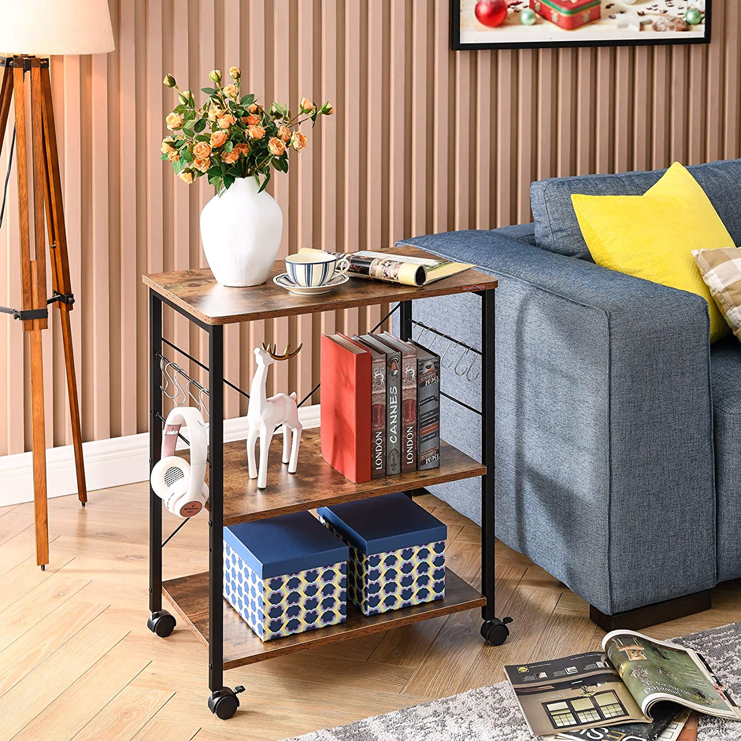 3-Tier Kitchen Utility Storage Shelf with Rolling Wheels, 10 Hooks, Brown F91160