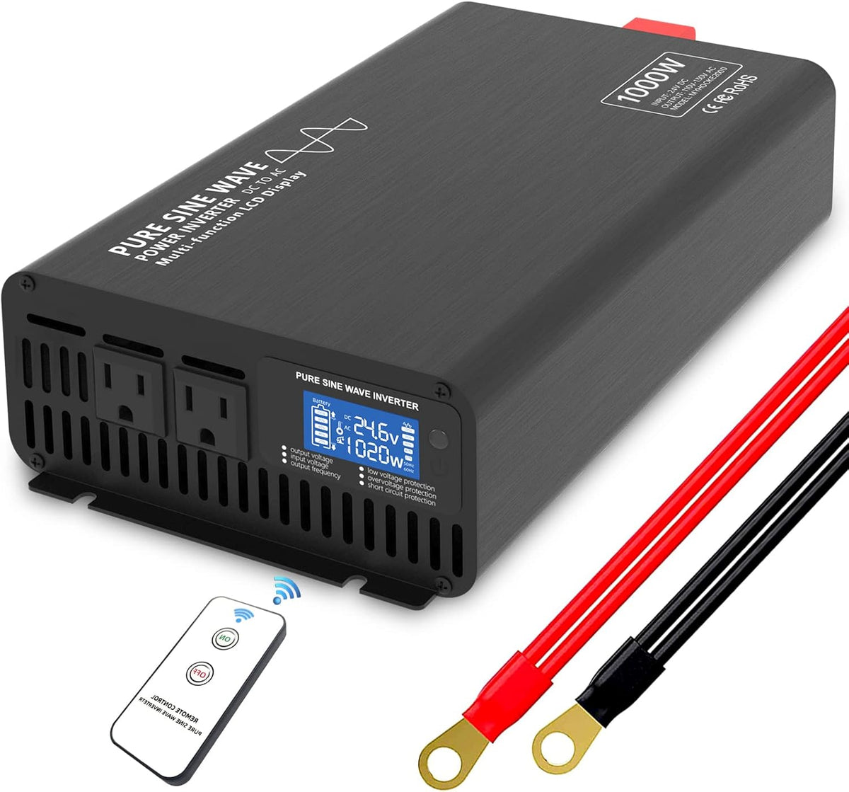 1500W Pure Sine Wave Power Inverter DC 24V to AC 110V-130V with LCD Display and Wireless Remote Control N78308