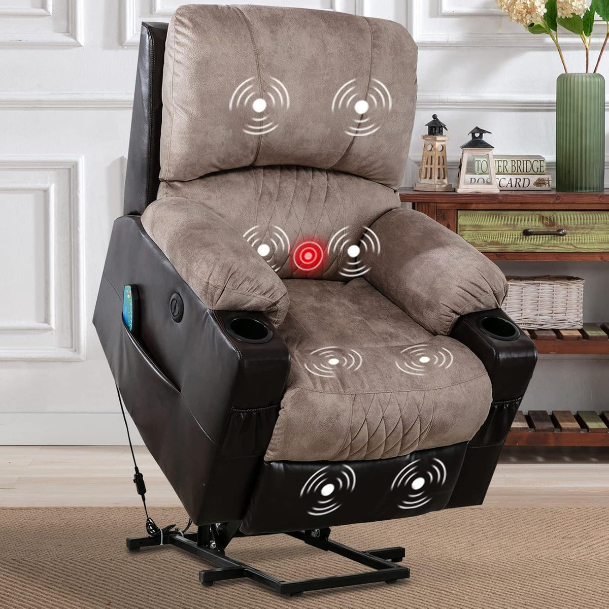 Grey Power Lift Recliner Chair with Heated and Vibration Massage, USB Port, 2 Cup Holders J41517