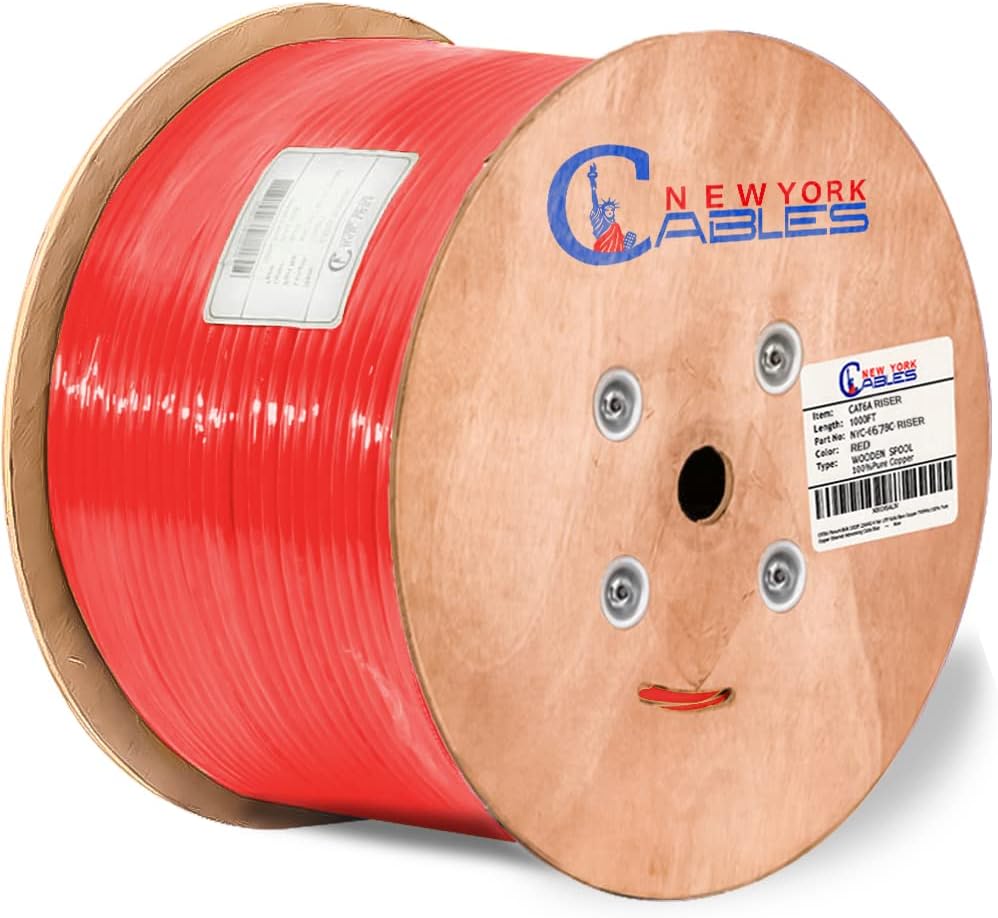 Cat6a Riser Bulk Ethernet Cable 1000ft CMR Rated Spool Solid Bare Copper 23AWG UTP Black B7262