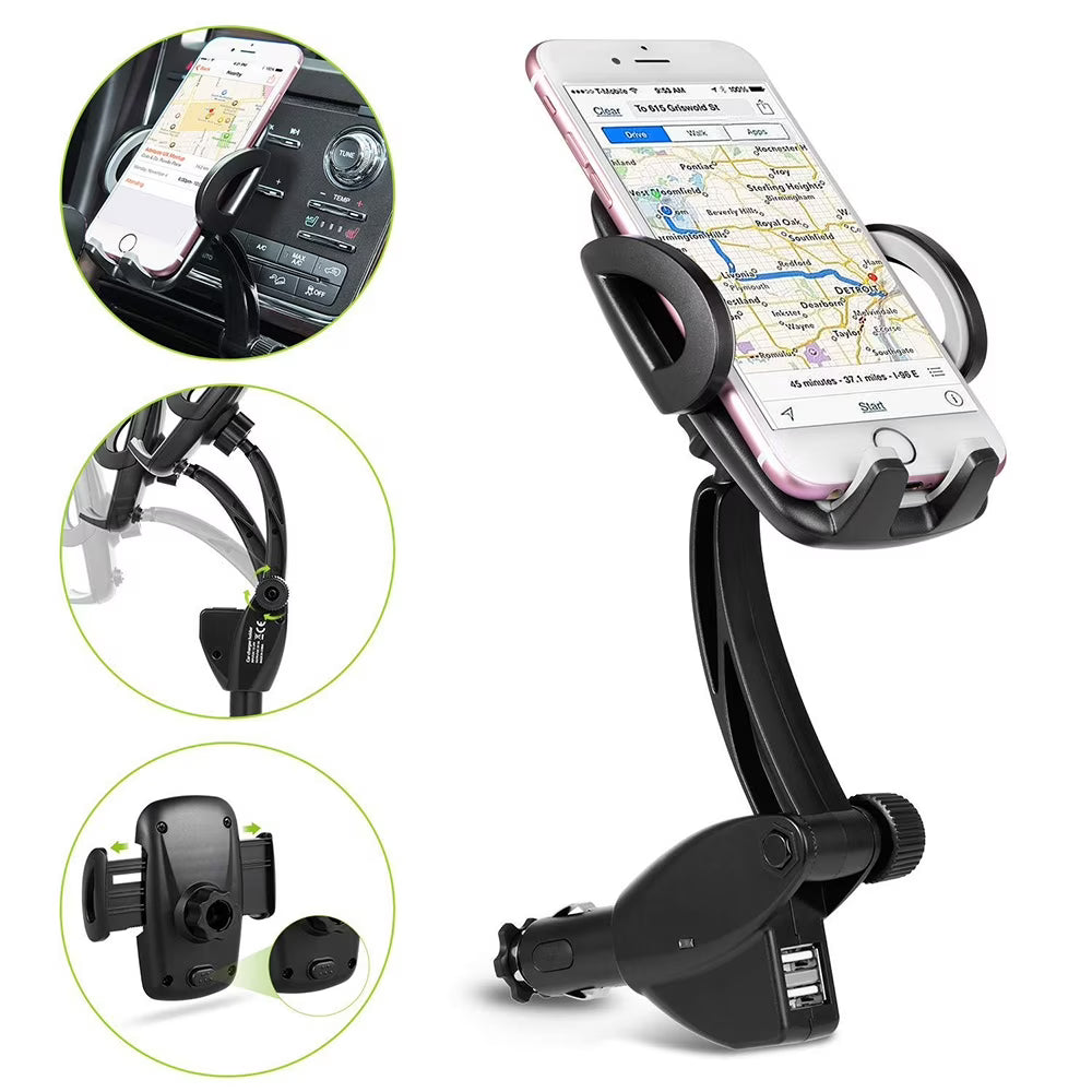 Black Car Phone Mount Charger with Cradle & 3A Dual USB Port S7500