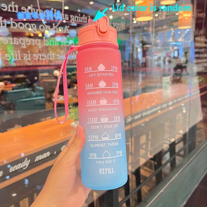 32oz Motivational Water Bottle With Straw & Time Marker, With Carrying Strap F881