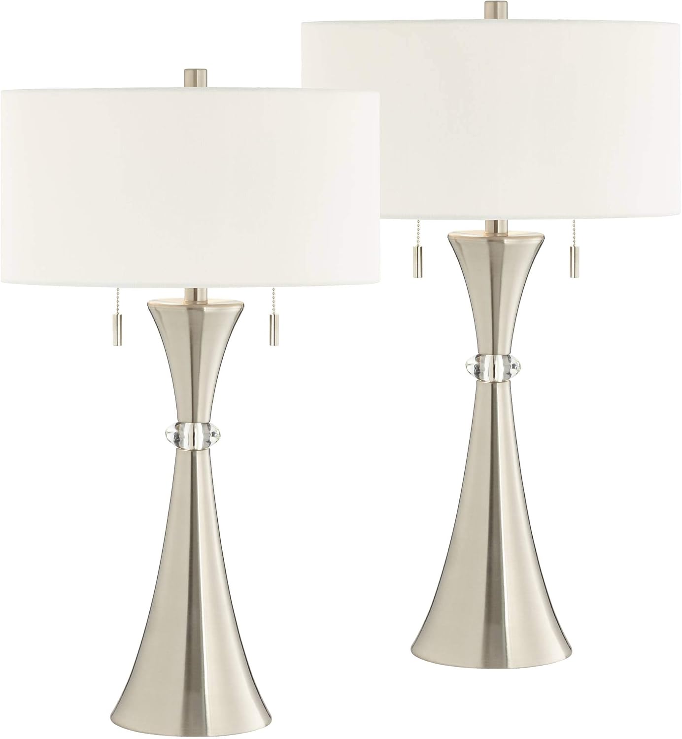 Silver Metal White Fabric Drum Table Lamps Set of 2 B1630