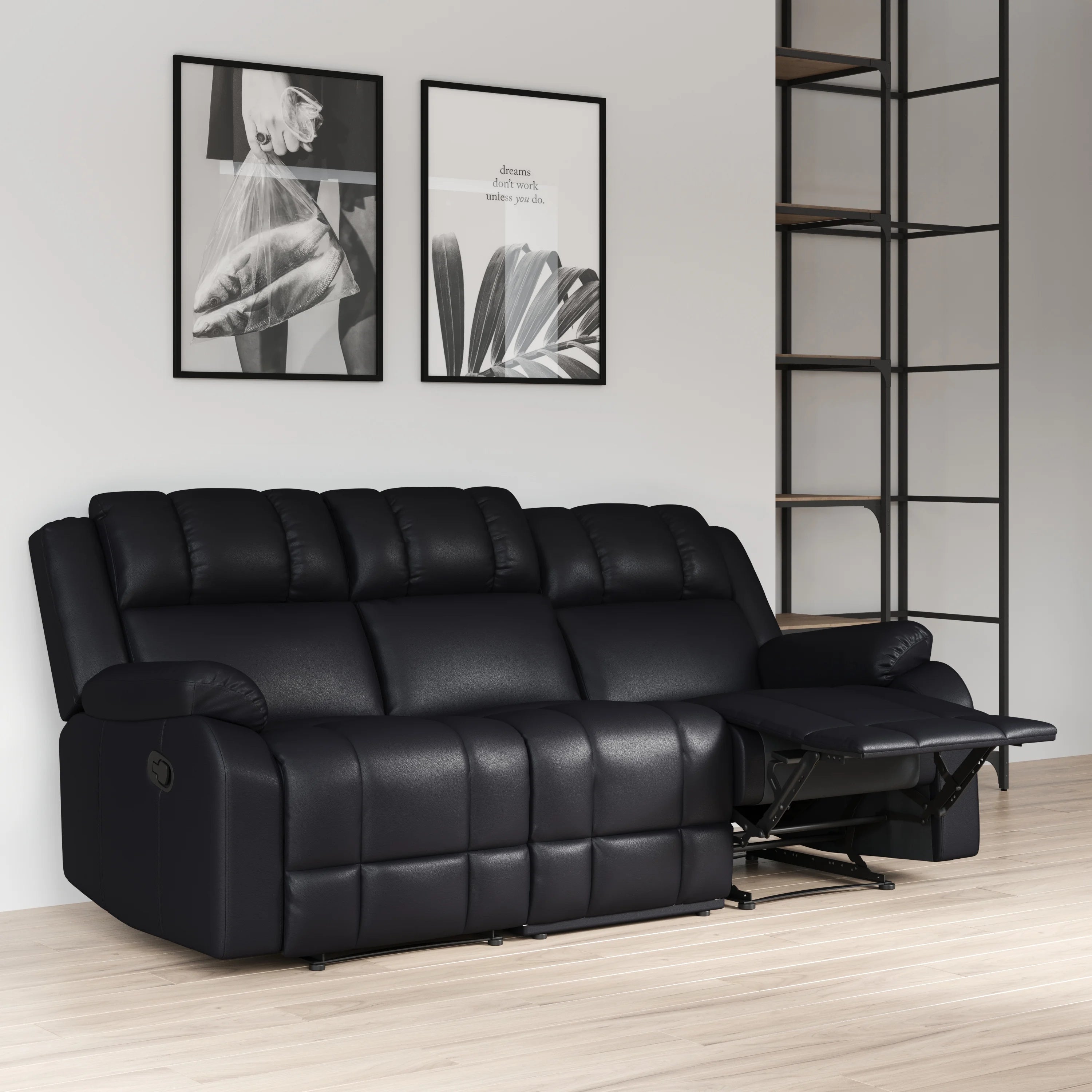 Caviar Black Faux Leather Reclining Sofa P317