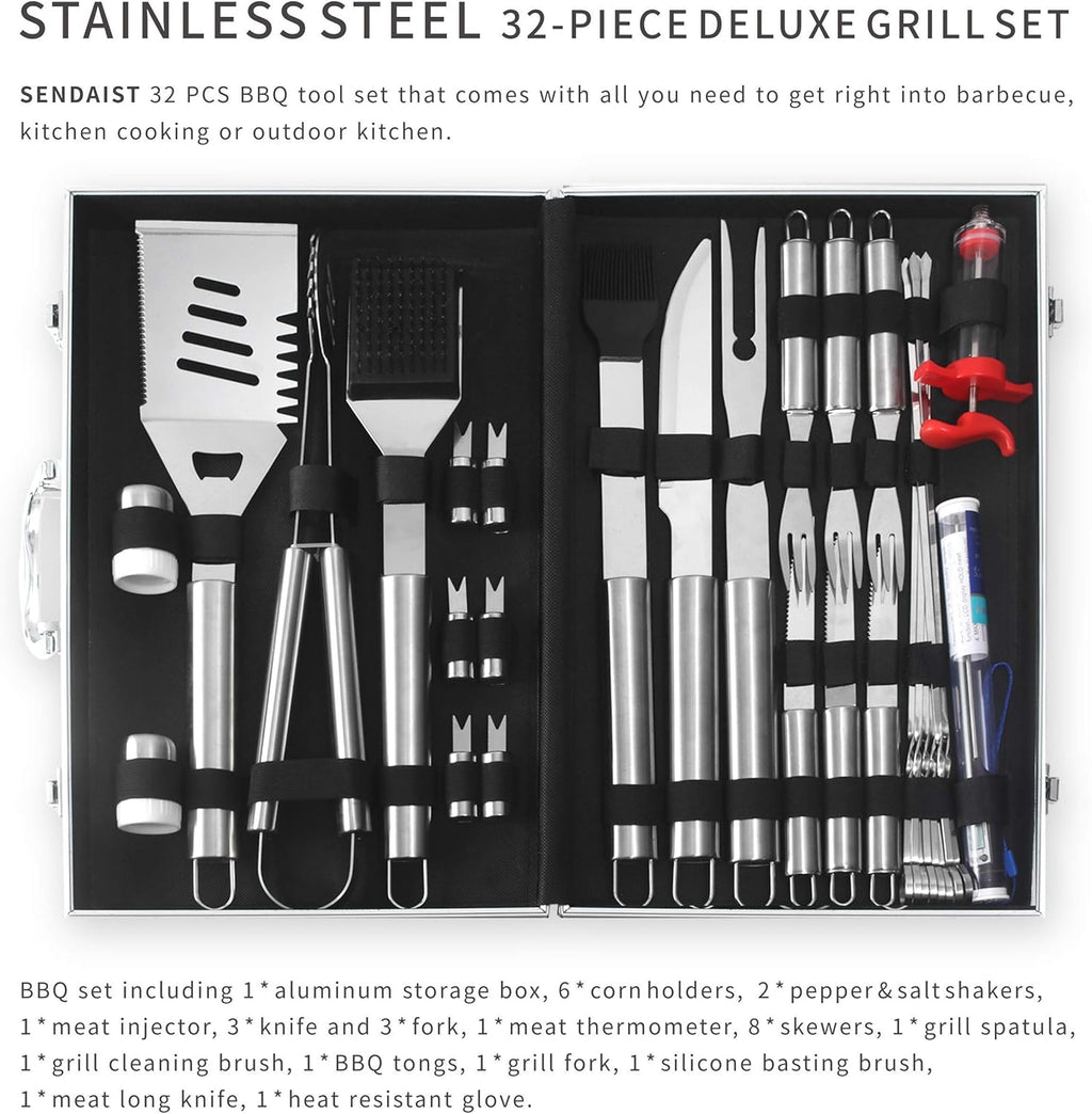 32 PCS BBQ Grill Tool Set with Thermometer in Heavy Duty Aluminum Case V7783