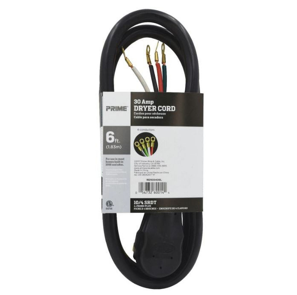 6 Feet 30 Amp Black 4-Wire Dryer Cord D9562