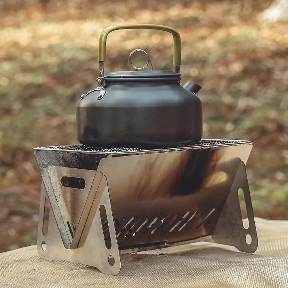Portable Folding Stainless Steel Camping Wood Burning Stove with Grill Plate N3045