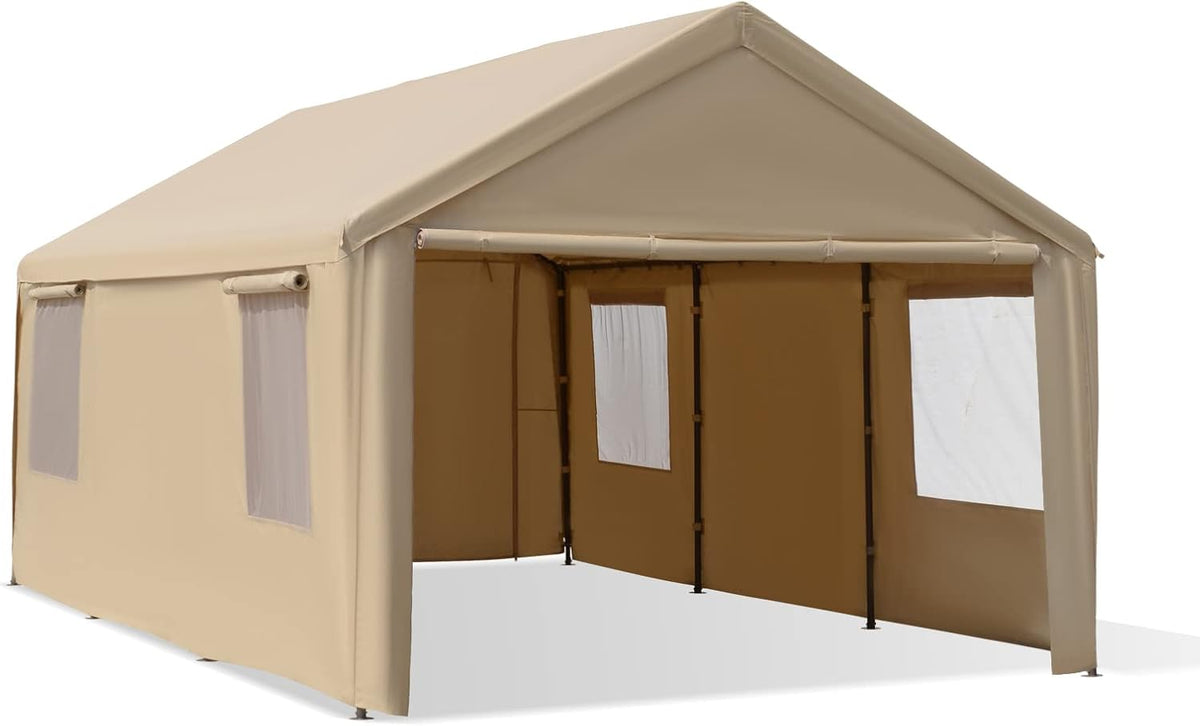 10'x20' Heavy Duty Carport with Roll-up Ventilated Windows, Removable Sidewalls & Doors, All-Season Tarp, Beige Z870664