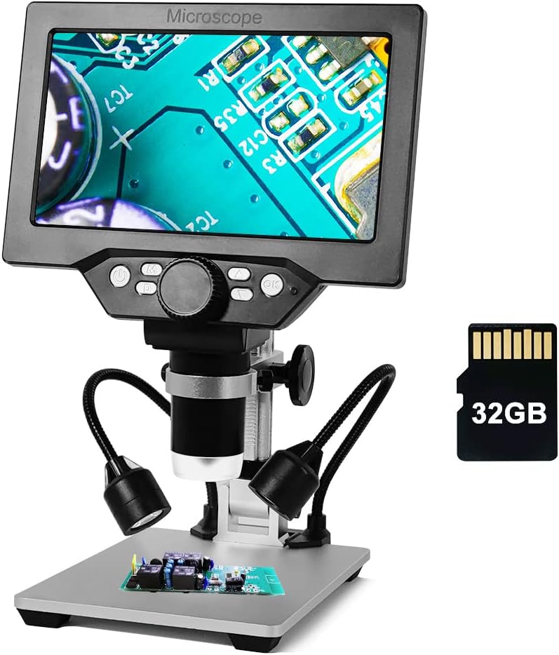 7 inch 1080P LCD Digital Microscope with 32G TF Card, 1200X Magnification Zoom, 12 Megapixels, 8 Adjustable LED Light A108
