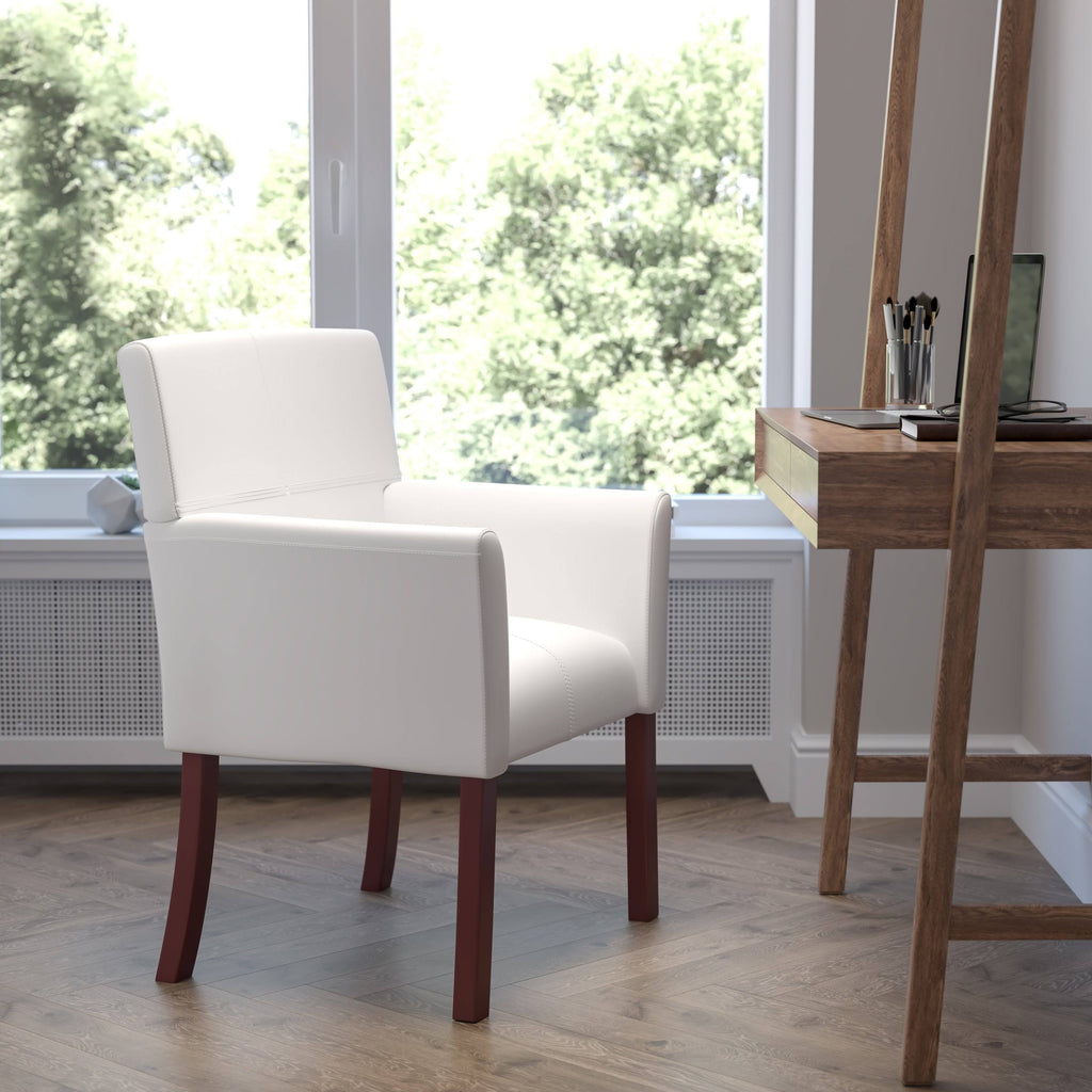 White Executive Side Reception Chair with Mahogany Legs W467145