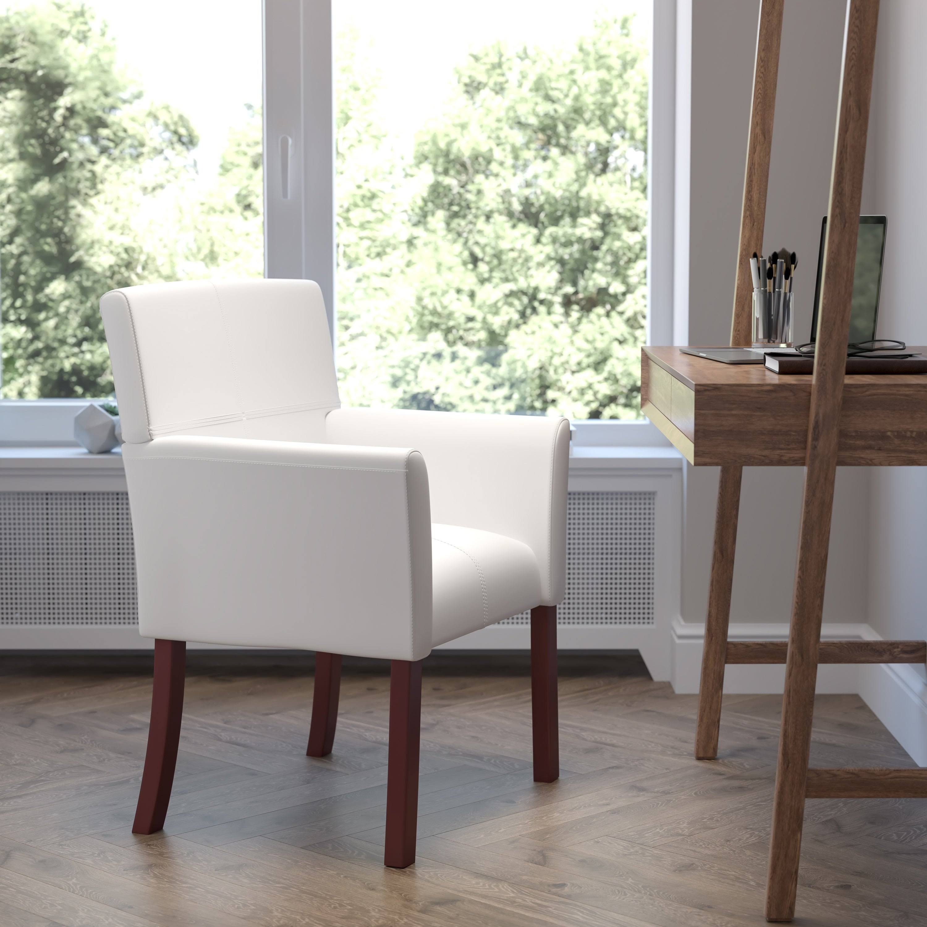 White Executive Side Reception Chair with Mahogany Legs W467145