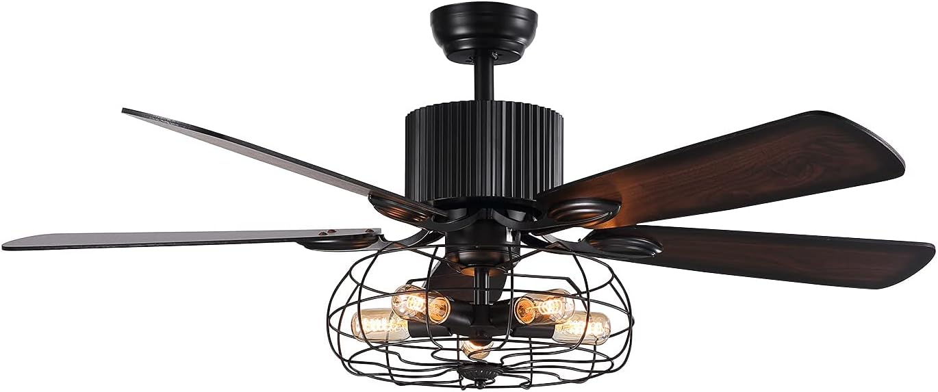 52" Vintage Industrial Ceiling Fan with Light Remote, 5 Reversible Blades Black Cage Q490