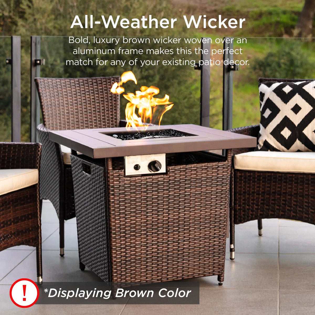 28in Propane Gas Fire Pit Table Outdoor Wicker with Glass Beads Tank Holder Ash Gray C3763