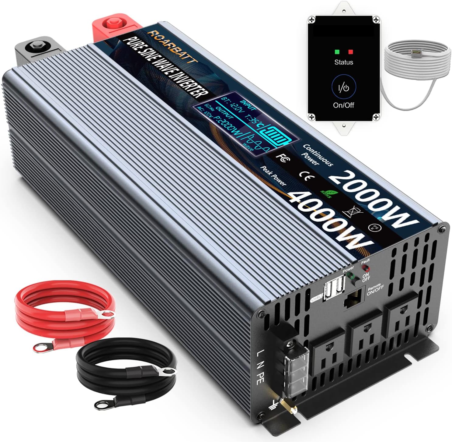 Pure Sine Wave Power Inverter 1000W DC 12V to AC 110V 2 AC Outlets 3.4A USB X796