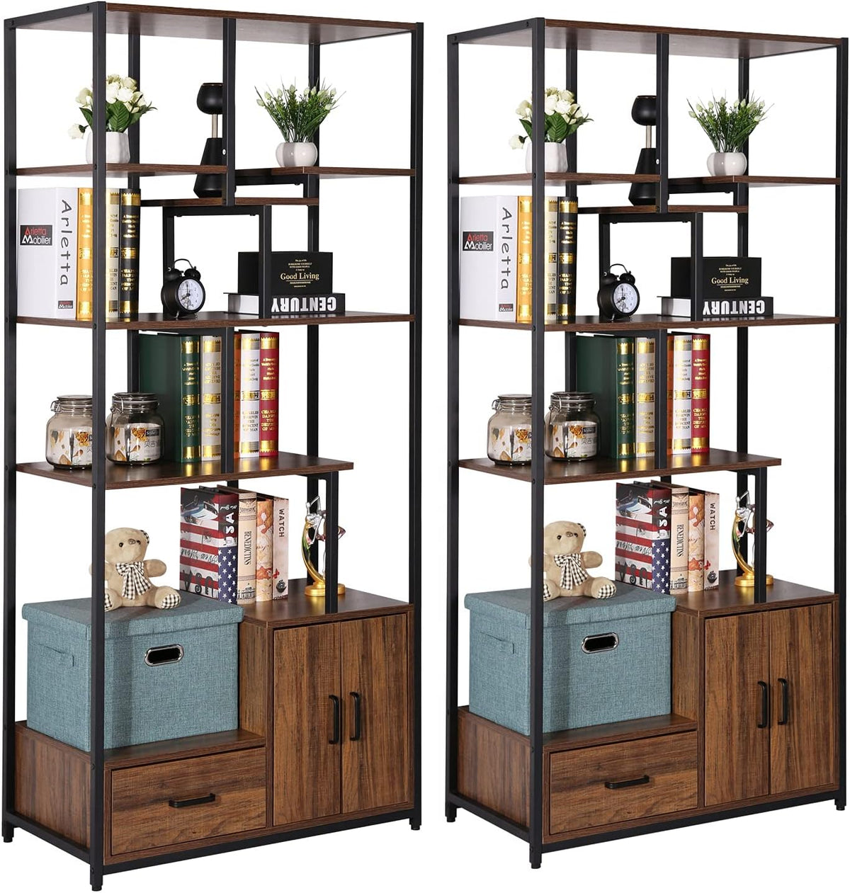 5 Tier Wood Bookcase with Drawer and Door, Rustic Brown C143743
