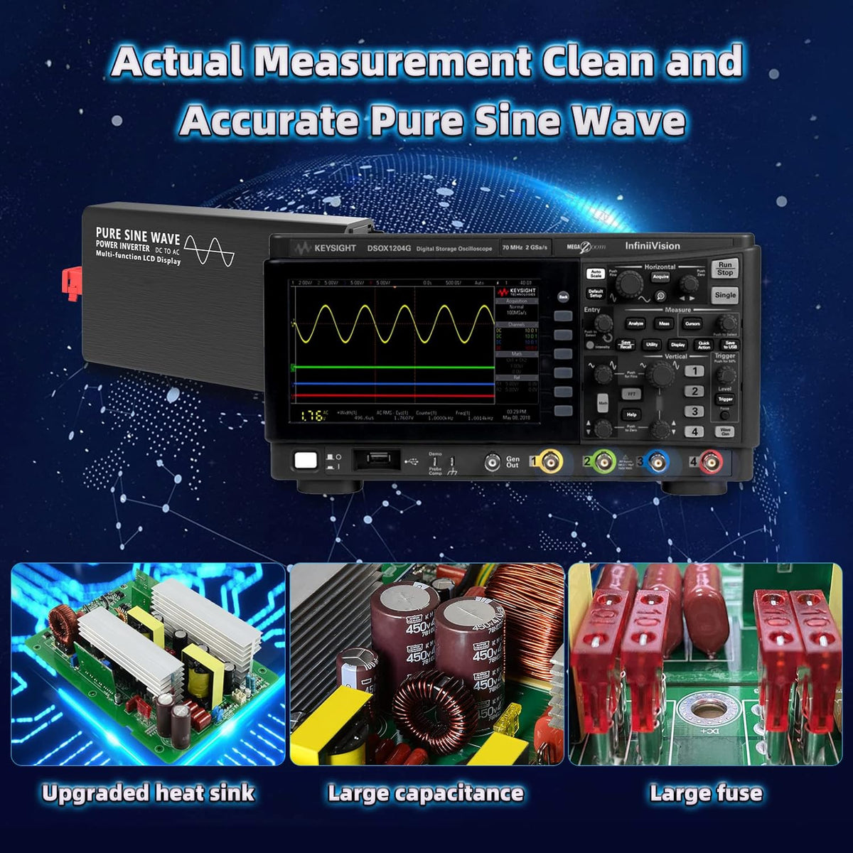 1500W Pure Sine Wave Power Inverter DC 24V to AC 110V-130V with LCD Display and Wireless Remote Control N78308