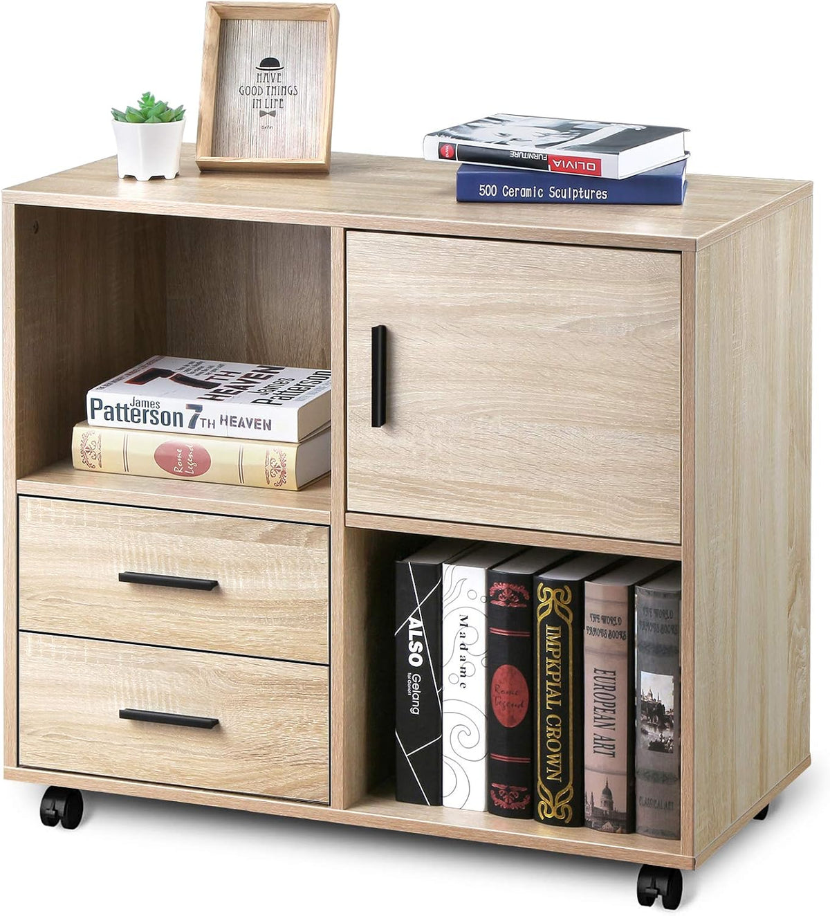 White Oak 2 Drawer Wood File Cabinet with Open Storage Shelves P380925