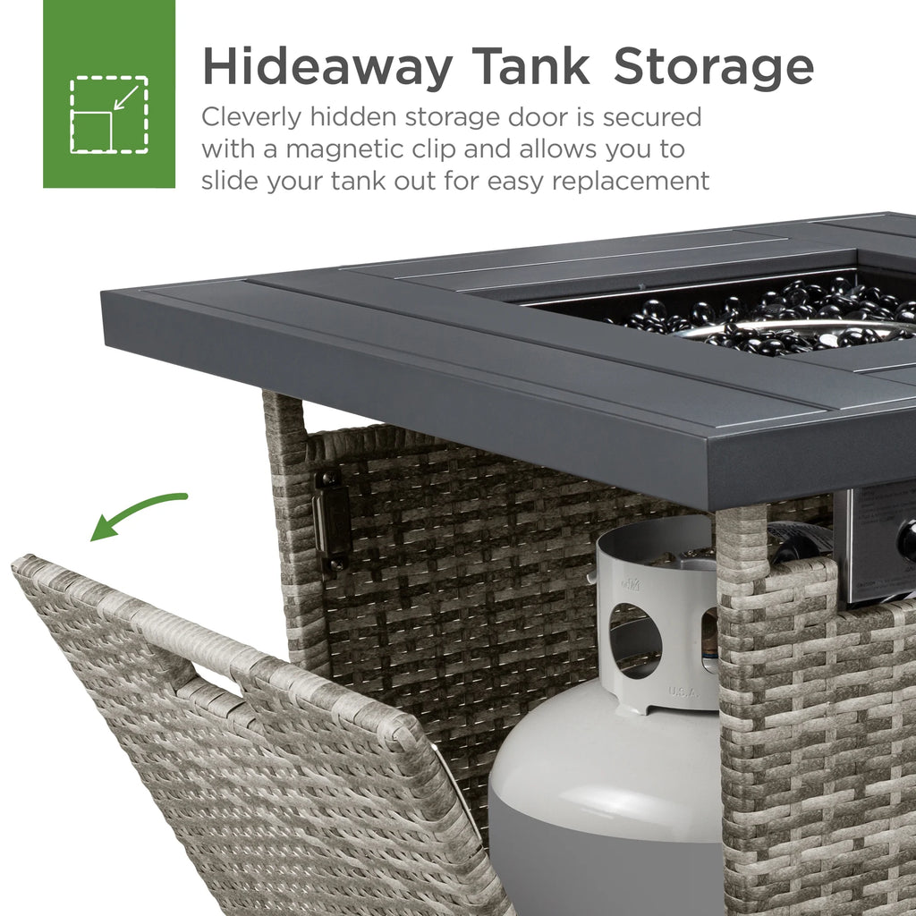 28in Propane Gas Fire Pit Table Outdoor Wicker with Glass Beads Tank Holder Ash Gray C3763