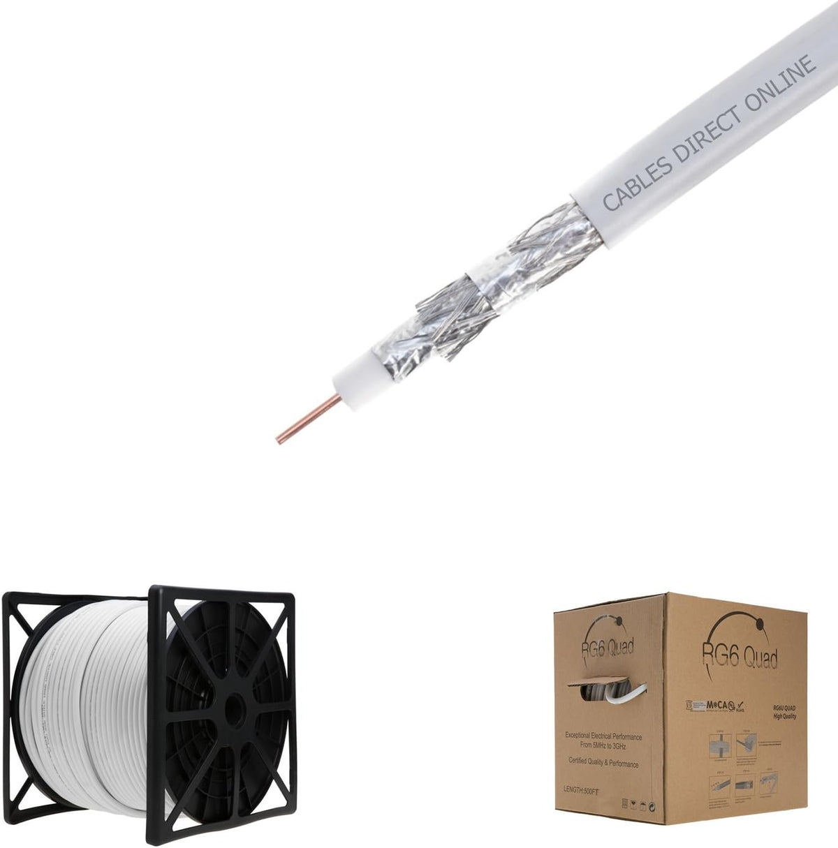 500FT Black RG6 Quad Shielded Coaxial Cable, 18 AWG Copper Clad Steel Conductor, PVC Jacket D422
