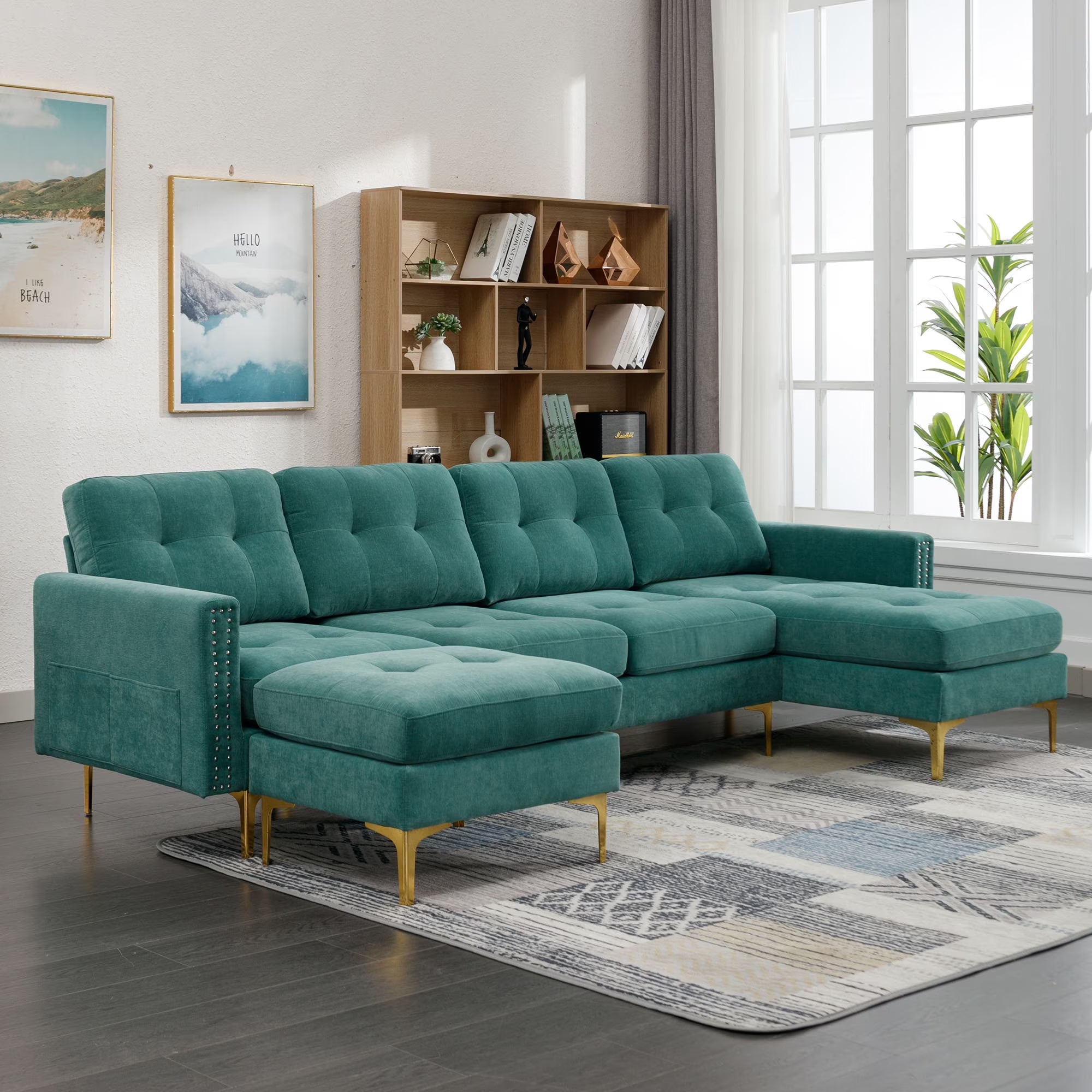 Green L-Shape Convertible Sectional Sofa with Movable Ottoman I71886