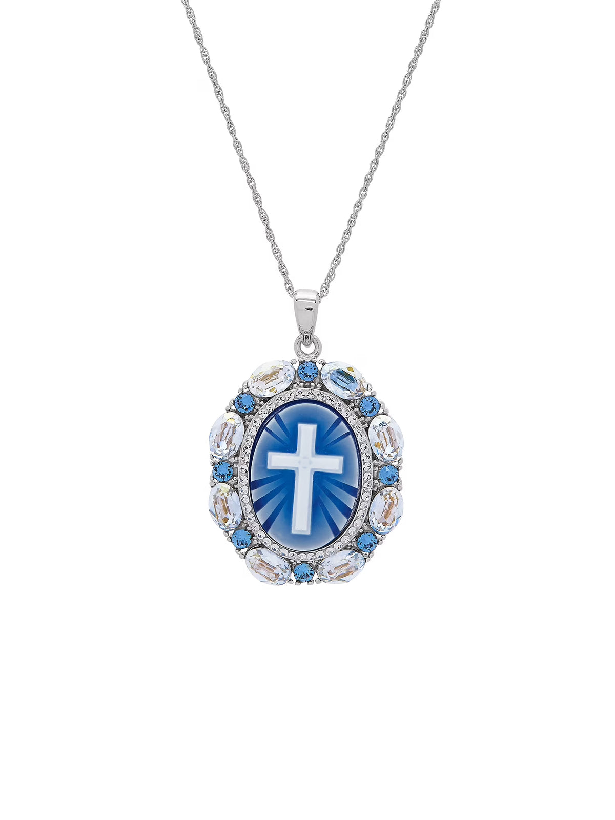 Blue Cross Oval Cameo Crystal Pendant in Sterling Silver, 18'' N6566