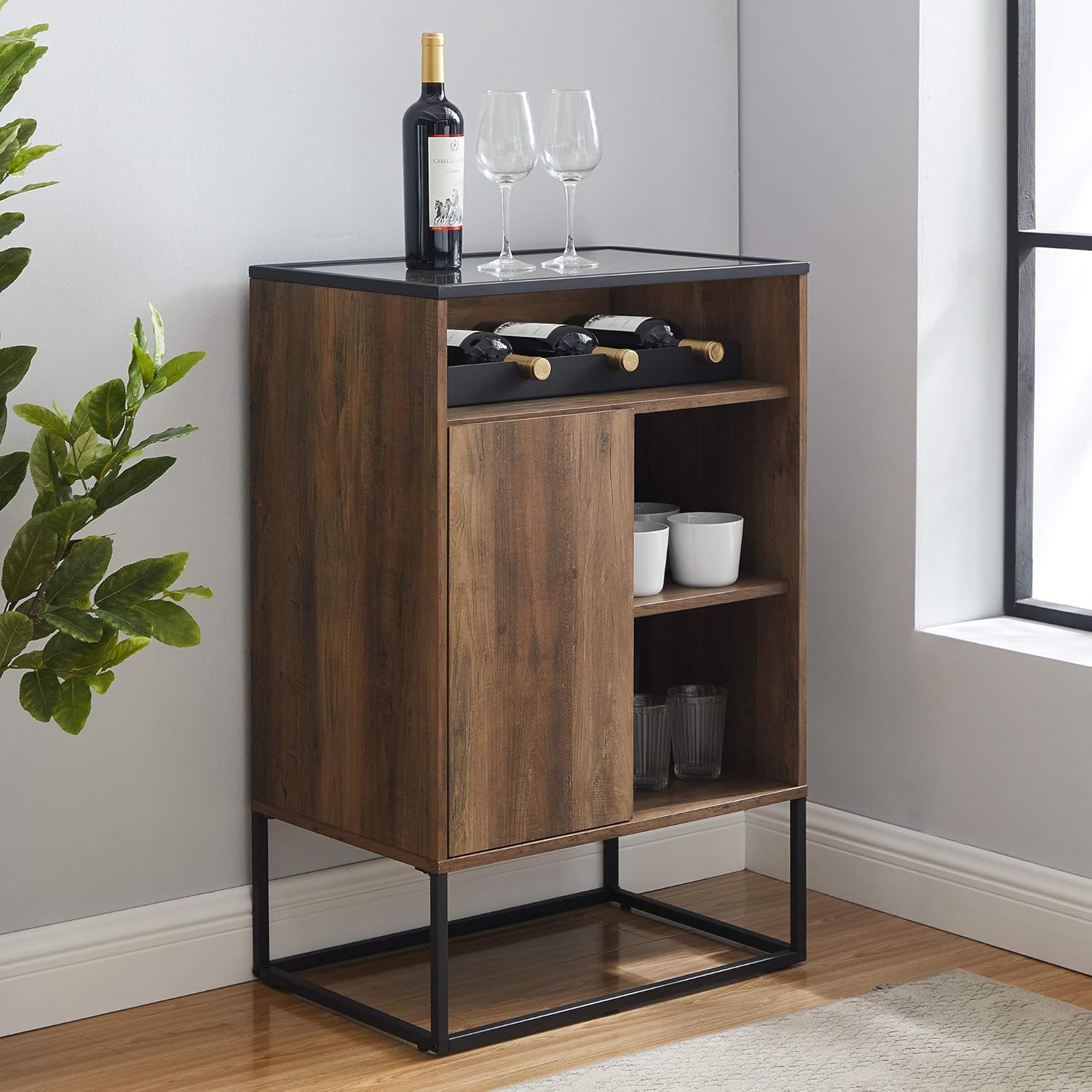 Rustic Oak Wood and Glass Bar Cabinet S110605