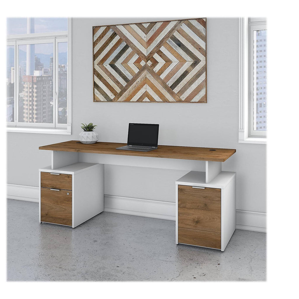 72w Desk with Drawers and Storage Cabinet Fresh Walnut White X8299