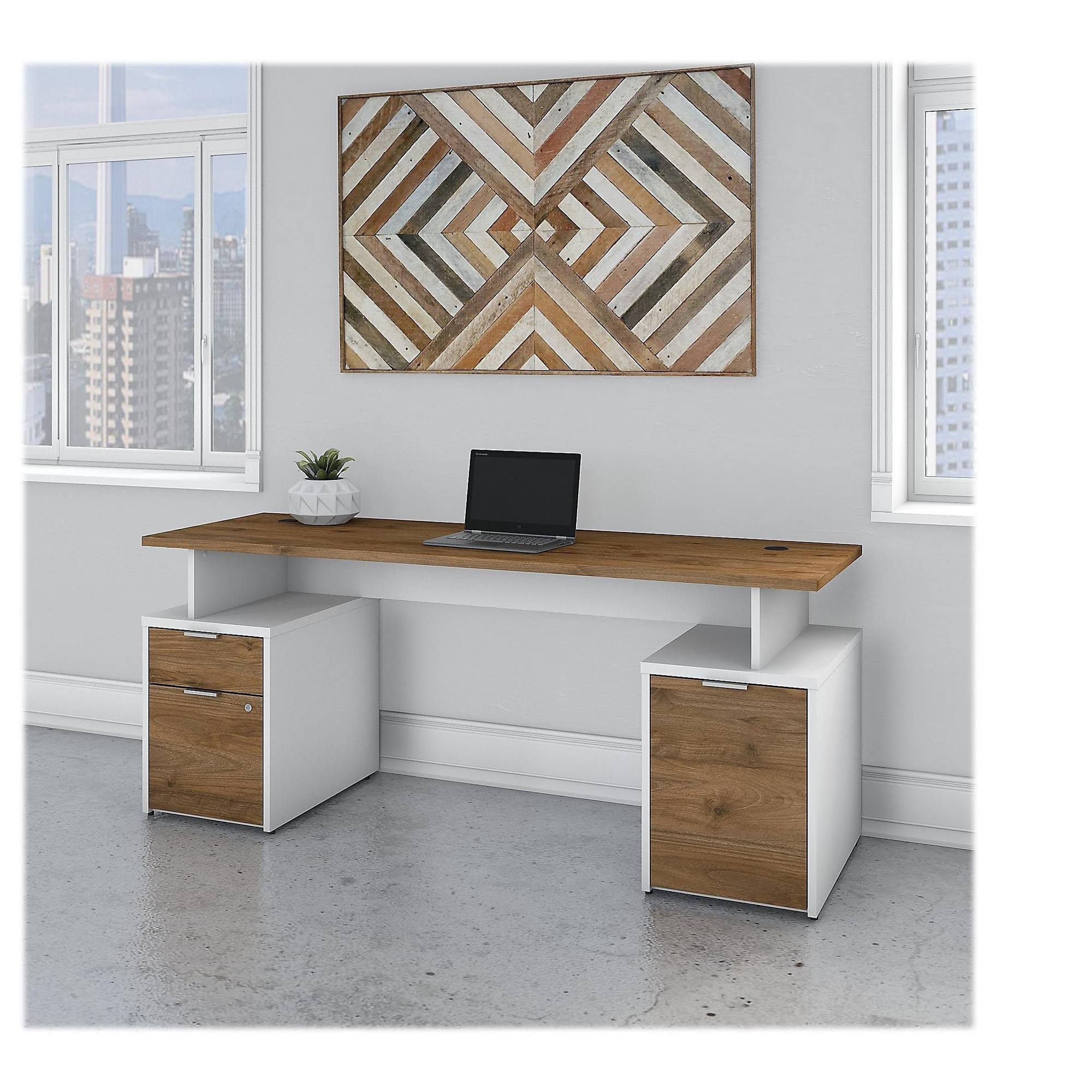 72w Desk with Drawers and Storage Cabinet Fresh Walnut White X8299