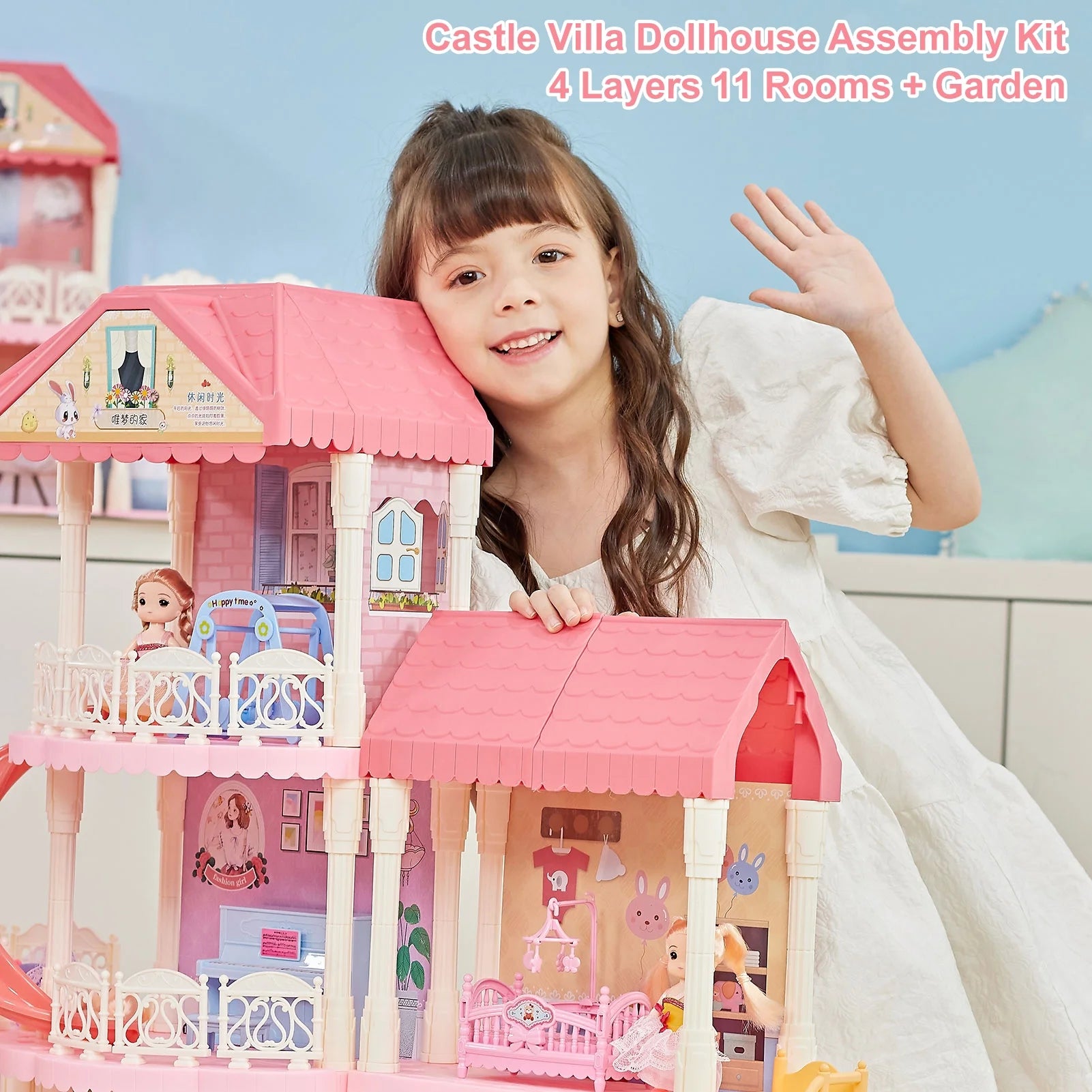 DIY Dollhouse Assembly Kit Castle Villa 4 Layers 11 Rooms with Light U536