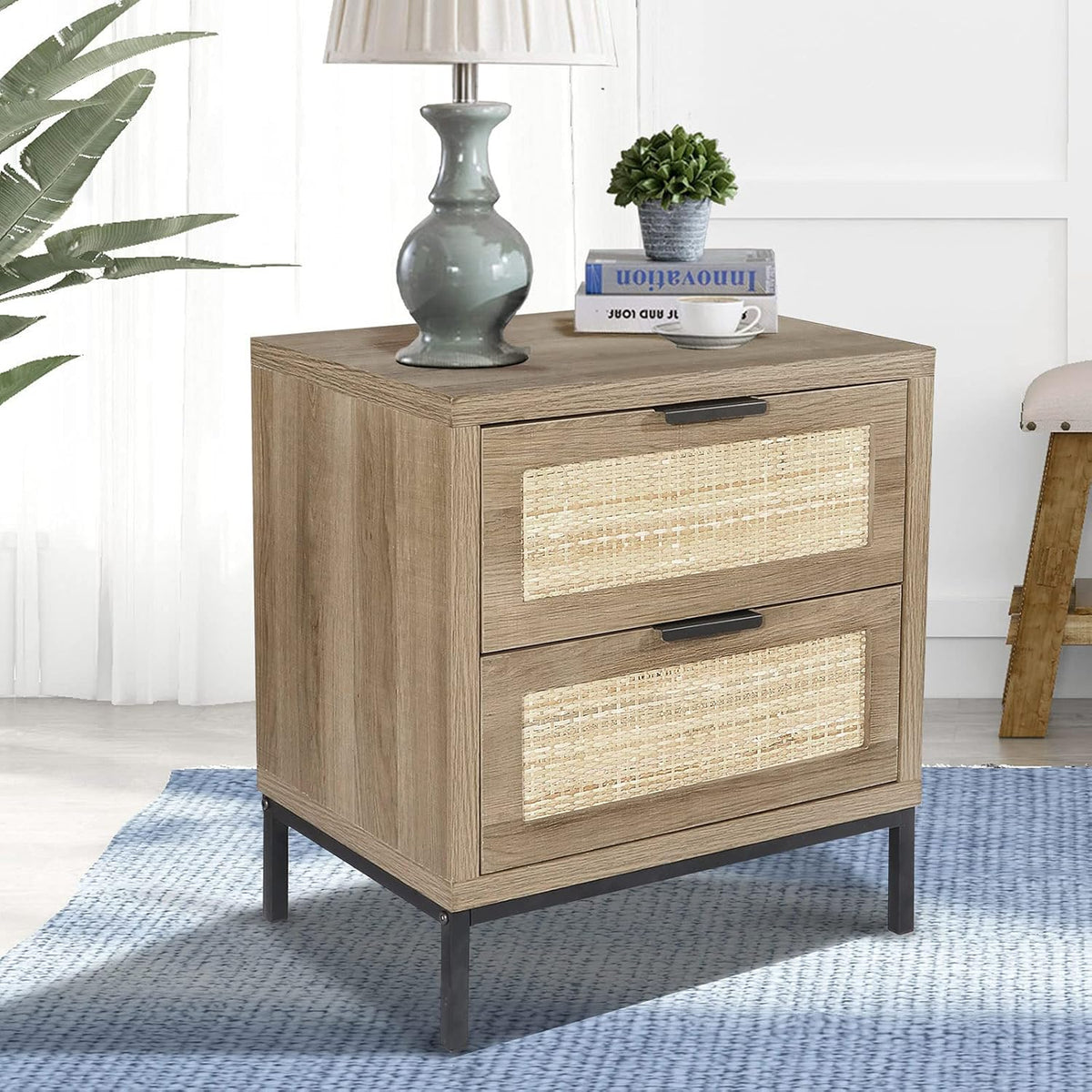 Modern Farmhouse Nightstand with 2 Rattan Drawers Wood Bedside Table X260399