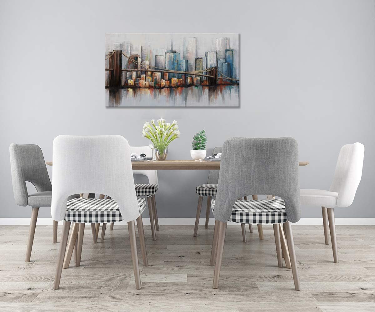 Abstract Cityscape Canvas Wall Art Brooklyn Bridge New York Skyline Buildings Picture Artwork Stretched and Framed Ready to Hang 20x36inch D6366