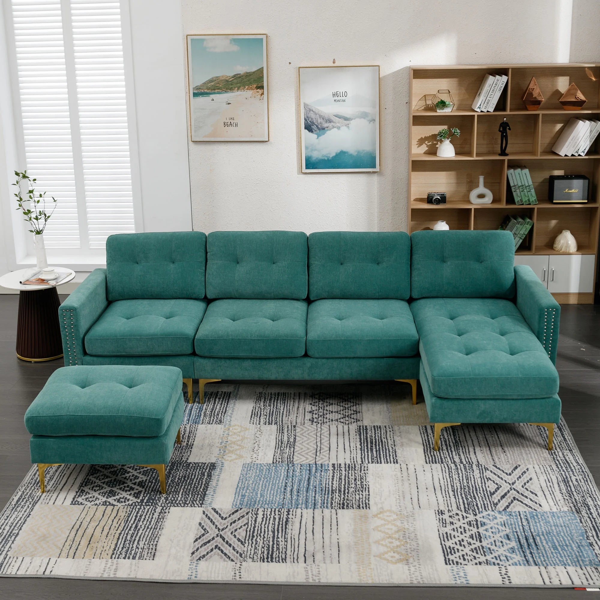 Green L-Shape Convertible Sectional Sofa with Movable Ottoman I71886