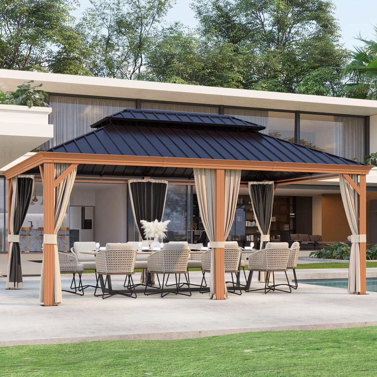 12x18 FT Hardtop Gazebo with Textilene Nettings and Curtains N674