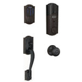 Bronze Smart Deadbolt with Camelot Trim and Aged Entry Door Handle Set with Georgian Door Knob M472341